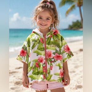 Tommy Bahama Girls' Hooded terry cloth Floral Zip Poncho White, Pink & Green